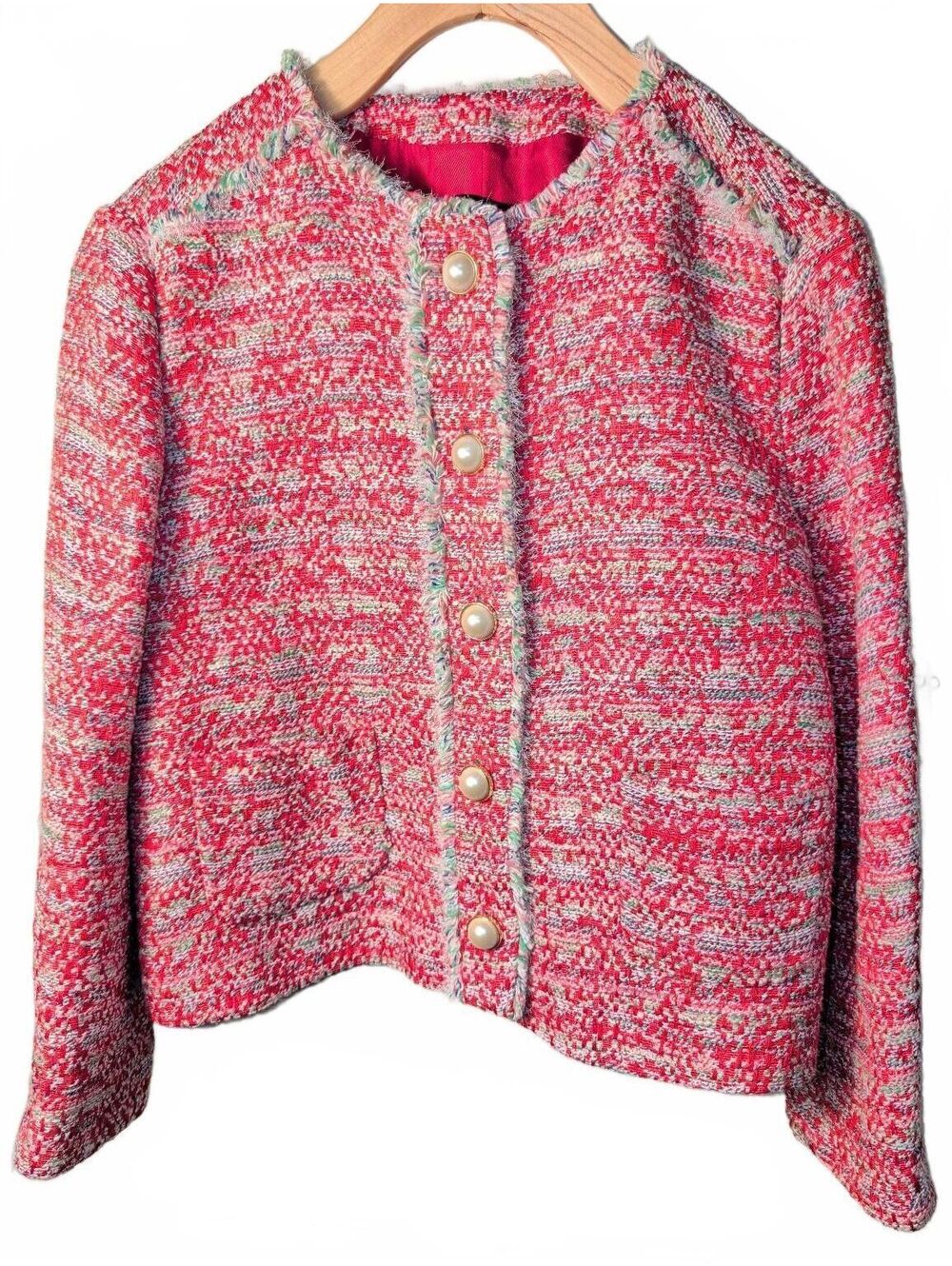 Zara Basic Collection Tweed Blazer Jacket Womens Size Large Pink Mo Hair Career